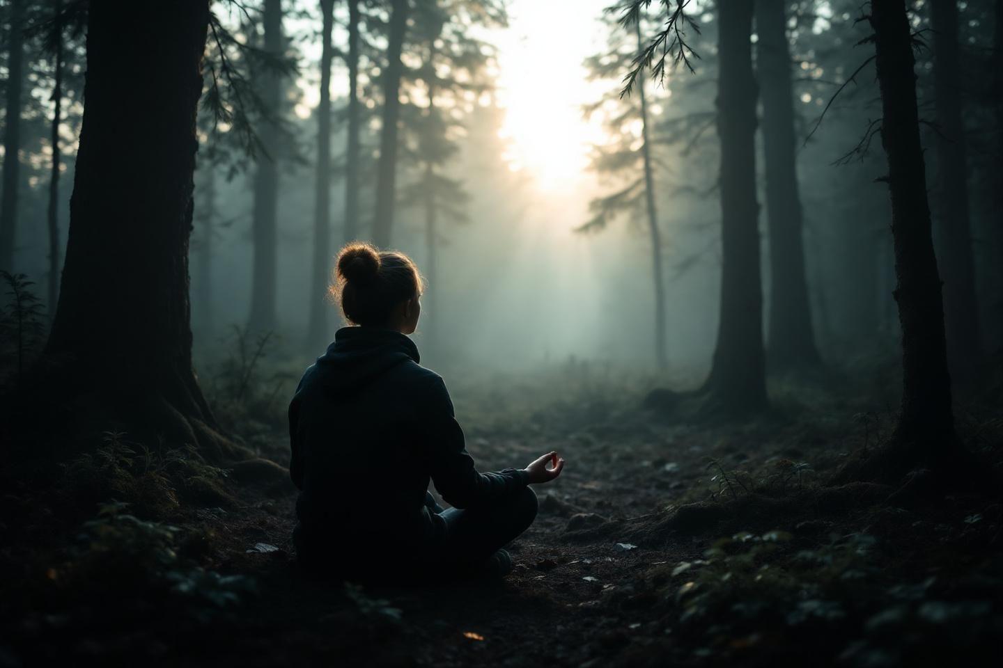 Silhouette assise en position de lotus dans une forêt brumeuse