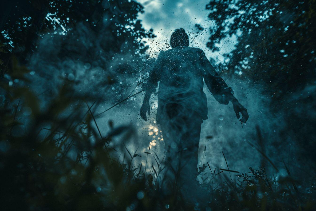 Silhouette d'une personne marchant dans une forêt sombre et brumeuse