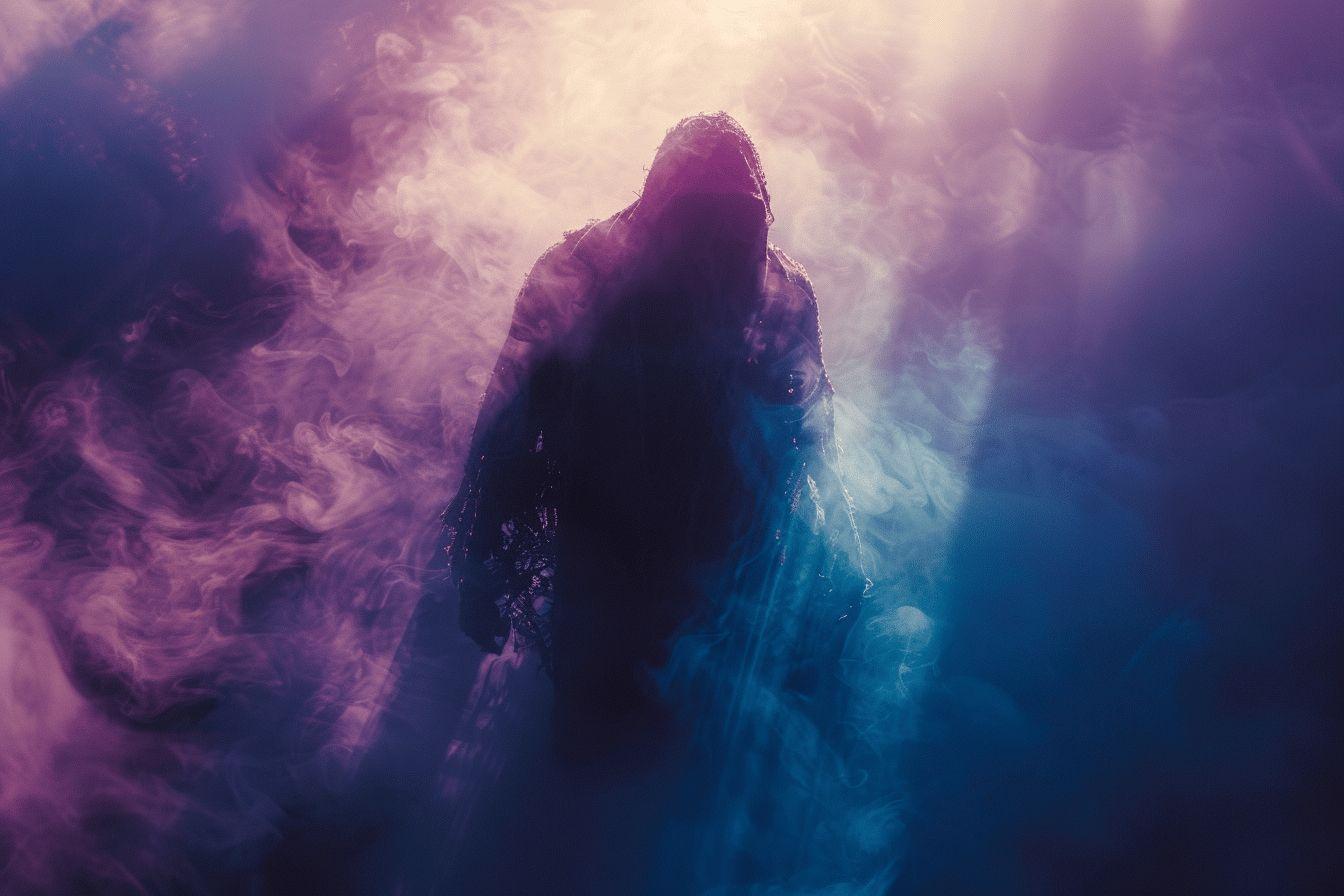 Silhouette sombre entourée de vapeurs colorées dans une scène abstraite et mystique.