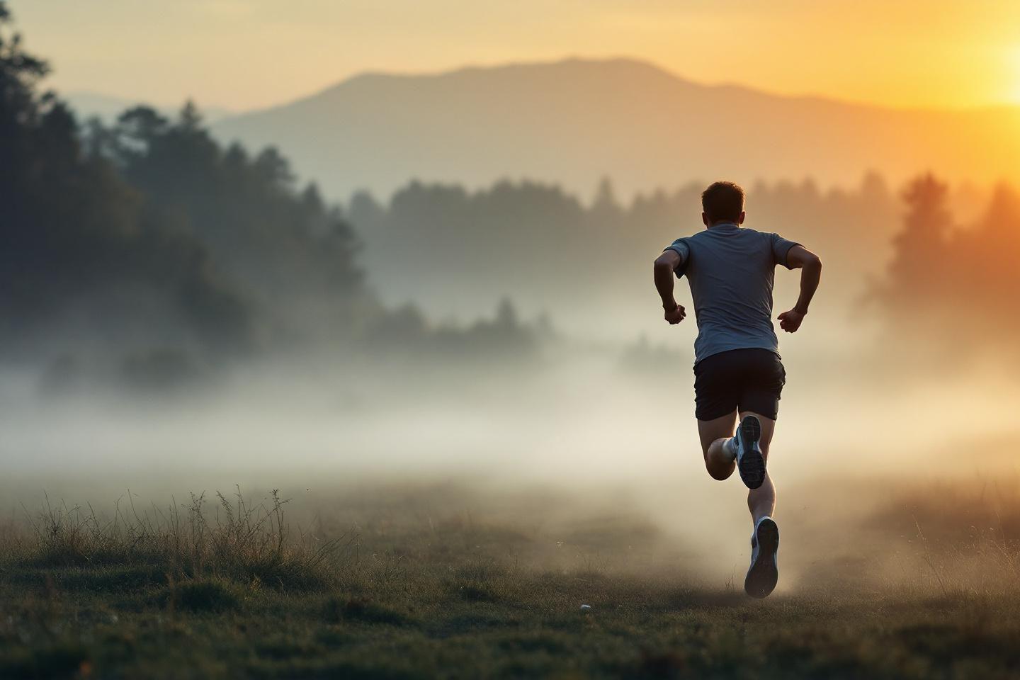 Silhouette d'un runner traversant un paysage brumeux au lever du soleil